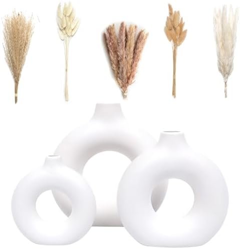 VELOVA Set of 3 White Ceramic Vase with 65 PCS Dried Pampas Grass Flowers Aesthetic Boho Modern Small Round Cute Vases for Decor Living Room Coffee Table Shelf Bedroom Office Desk Home Gifts Women Mom