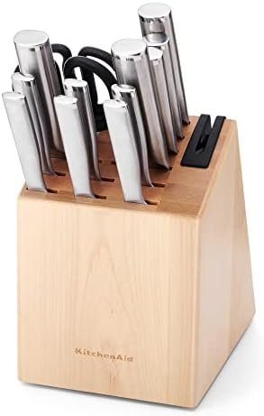 KitchenAid Gourmet 14 piece Forged Stainless Steel Knife Block Set with Built in Knife Sharpener, High Carbon Japanese Stainless Steel, Sharp Kitchen Knife Set with Block, Birchwood