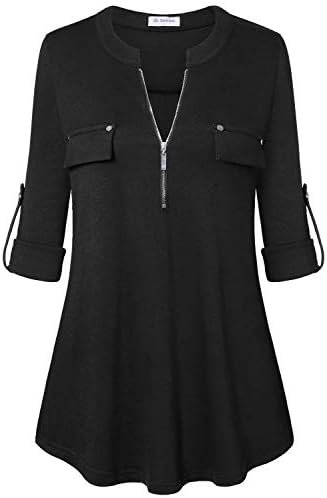 Bulotus Women’s Zip Front V-Neck 3/4 Sleeve Tunic Casual Top