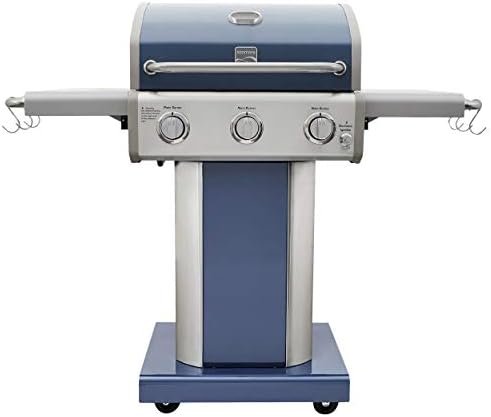 Kenmore 3-Burner Outdoor BBQ Grill | Liquid Propane Barbecue Gas Grill with Folding Sides, PG-A4030400LD-AZ, Pedestal Grill with Wheels, 30000 BTU, Azure
