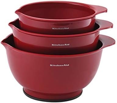 KitchenAid Universal Nesting Plastic Mixing Bowls, Set Of 3, 2.5 quart, 3.5 quart, 4.5 quart, Non Slip Base with Easy Pour Spout to Reduce Mess, Dishwasher Safe, Empire Red