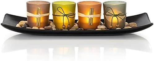 VP Home Decorative Votive Candle Holders, Vintage Decor Flameless Natural Candlescape Set, 4 LED Tea Light Candles, Rocks and Tray (Natural Earth Tones 4 Set)