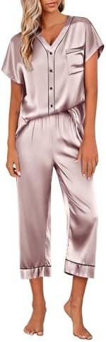 Ekouaer Women Satin Pajamas Set Button Up Loungewear Short Sleeve V-Neck PJs Two Piece Silky Pajamas S-2XL