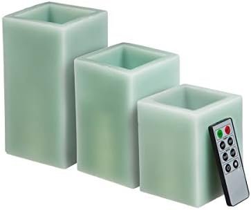 CEDAR HOME Flameless LED Candle Square Pillar with Remote, Battery Operated, Set of 3, Sage Green