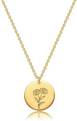 MEVECCO Birth Flower Necklace 18k Gold Custom Floral Pendant Necklaces Dainty Birth Month Flower Disc Hand Stamped Necklace Personalized Jewelry Birthday Gift