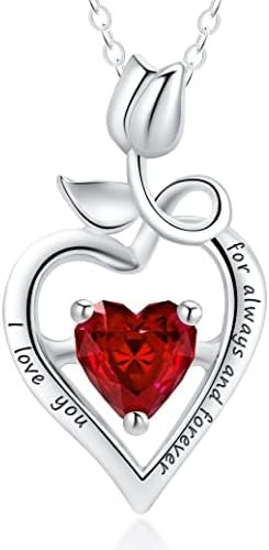 HXZZ Fine Jewelry Birthstone Garnet Necklace Sterling Silver Rose Flower Heart Natural Gemstone Pendant Anniversary Birthday Gifts for Women Her Girls Wife Mom