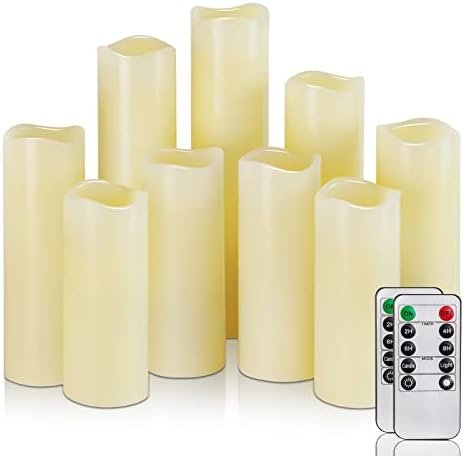 Homemory Flameless Candles Battery Operated LED Pillar Candles, Fake Candles, Electric Candles, Remote and Timer, Real Wax, Ivory, 4″ 5″ 6″ 7″ 8″ 9″, Set of 9, Unscented