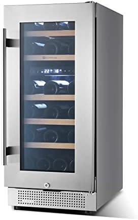 WINEBOSS 15″ Wine Cooler Refrigerator, 28 Bottle Seamless Stainless Steel Built-in Freestanding Wine Fridge Double-Layer Tempered Glass Door with Lock, Under Counter Wine Cellar