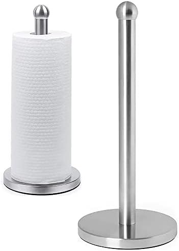 DAWNER Countertop Stainless Steel Paper Towel Holder Modern Stand Up, Easy One-Handed Tear Kitchen Paper Towel Dispenser with Heavy Base for Standard Paper Towel Rolls, Decorative Brushed Nickel