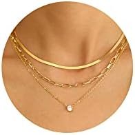 17 MILE Gold Layered Choker Necklace for Women Girls, 14K Real Gold Plated CZ Pendant Necklace, Dainty Flat Snake Chain Layering Necklace for Gift