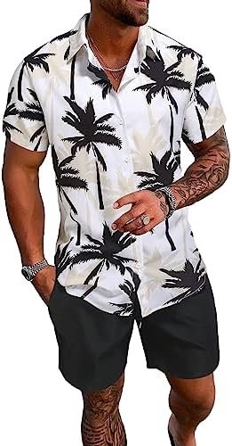 SOLY HUX Men’s 2 Piece Outfits Tropical Print Short Sleeve Button Down Hawaiian Shirt and Shorts Set