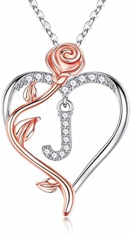 Iefil Christmas Gifts for Women – 925 Sterling Silver Rose Love Heart Initial Letter Pendant Necklace Jewelry Mothers Day Valentines Anniversary Birthday Gifts for Her Mom Wife Girlfriend