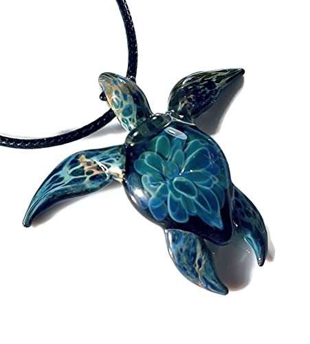 Authentic Handcrafted Glass Hawaiian Honu Sea Turtle Jewelry Pendant Necklace – Perfect Nature Gift for Beach Lovers with Green Turquoise Coral Reef Ocean Design