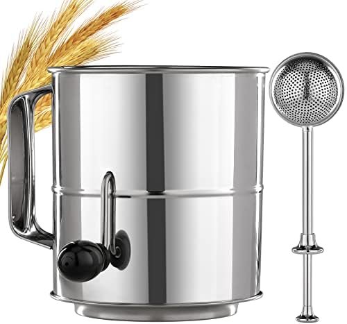 PIQUEBAR Flour Sifter – 5 Cup Fine Mesh Hand Crank Sifter Stainless Steel with Agitator Wire Loop for Baking, Powdered Sugar Duster Set