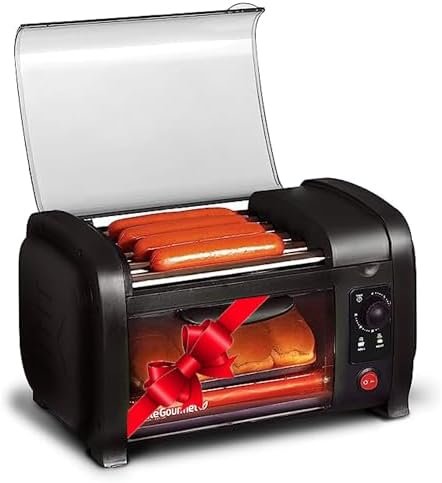 Elite Gourmet Elite Cuisine EHD-051B# Hot Dog Toaster Oven, 30-Min Timer, Stainless Steel Heat Rollers Bake & Crumb Tray, World Series Baseball, 4 Bun Capacity, Black