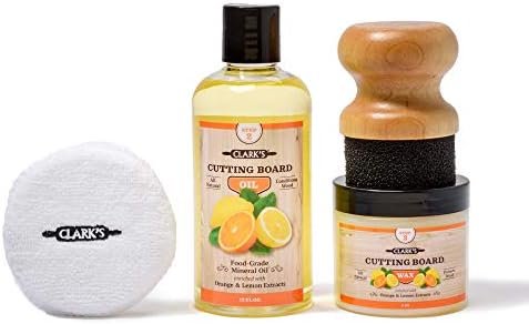 CLARK’S Cutting Board Oil and Wax Kit – Includes Food Grade Mineral Oil (12oz), Finishing Wax (6oz), Applicator, & Buffing Pad to Clean and Protect Wood, Enriched with Natural Lemon & Orange Extract
