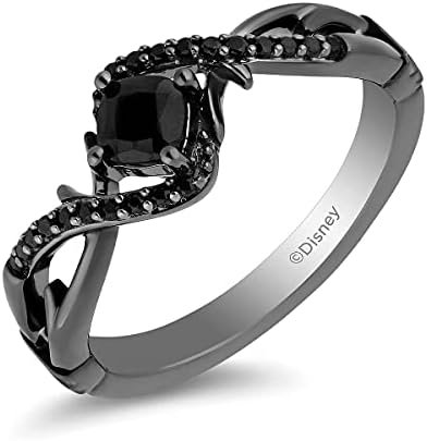 Jewelili Enchanted Disney Fine Jewelry Black Rhodium over Sterling Silver 4MM Center Cushion Shape Onyx and 1/10 Cttw Treated Black Round Diamond Maleficent Enagagement Ring