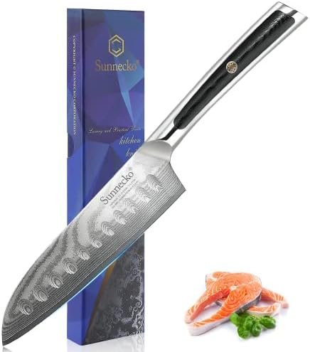 Sunnecko Santoku Knife 5 inch, Damascus Chef Knife VG-10 Steel Blade Japanese Style Knife, Sharp Kitchen Knife with G10 Inlaid Handle Cooking Knife Perfect for Professional Home Use Cutting Knife