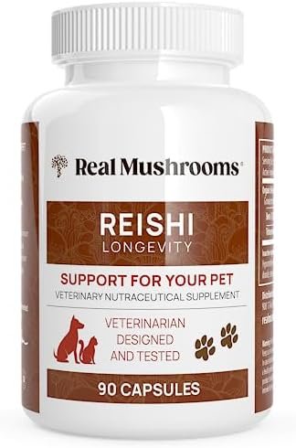 Reishi Mushroom Extract for Dogs & Cats Multivitamins and Supplements for Longevity & Relaxation (90ct) Grain-Free, Gluten-Free, Vet-Approved Red Reishi Mushroom Capsules