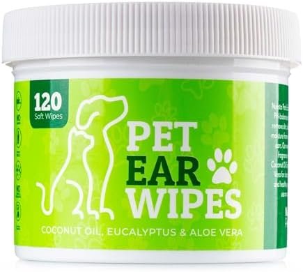 Nuesta 120ct Pet Ear Wipes for Dogs w/Itch Relief | Natural Coconut Oil, Eucalyptus & Aloe | Irritation Relief, Easy Otic Wax Cleaner Solution Pets