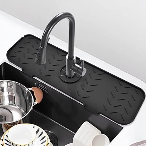 Burfocus Silicone Faucet Mat , Sink Splash Guard, Silicone Faucet Handle Drip Catcher Tray, Sponge Holder Sink Protector for Kitchen Bathroom Farmhouse & RV Sink Accessories (Black (19.7″ x 5.6″))