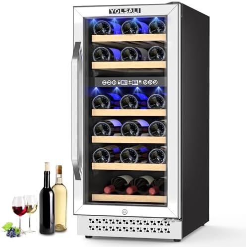 Yolsali 15 Inch Wine Cooler, 28 Bottles Dual Zone Built-in or Freestanding Wine Fridge with Stainless Steel Tempered Glass Door, Memory Function, Fit Champagne Bottles, Safety Lock