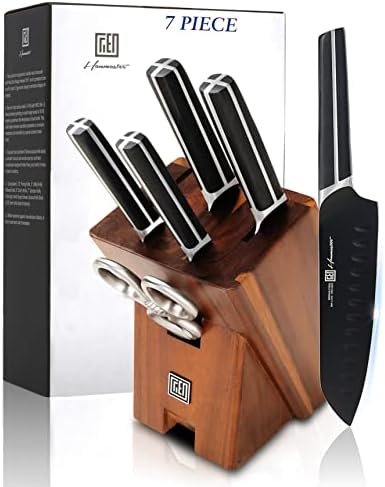 Kitchen Knife Set, Hanmaster 7 Pieces German Steel Knives Set for Kitchen with Acacia Wood Block, Kitchen Scissors, Gift Box Packed.