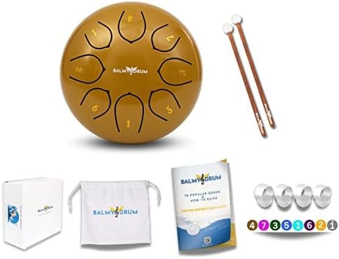 The Balmy Drum – 8 Note 6 Inch Steel Tongue Drum, Steel Drum Instrument, Drums For Adults, Balmy Drum Set for Kids with Music Book, Handpan Drum, Mallet and Carry Bag – Tongue Drum (Gold)