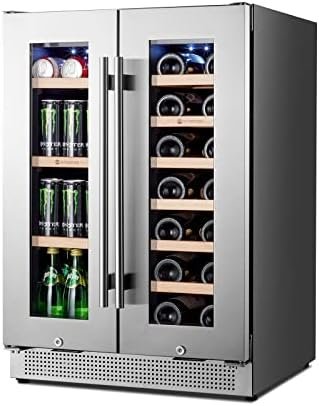 WINEBOSS 24 inch Wine and Beverage Refrigerator Dual Zone 18 Bottles and 57 Cans Wine Cooler Under Counter Wine Cellar Beverage Fridge Built in Freestanding with Glass Door for Beer Soda Drink Bar