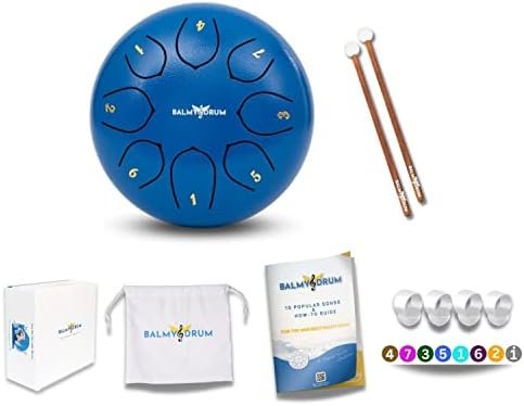 The Balmy Drum – 8 Note 6 Inch Steel Tongue Drum, Steel Drum Instrument, Drums For Adults, Balmy Drum Set for Kids with Music Book, Handpan Drum, Mallet and Carry Bag – Tongue Drum (Blue)