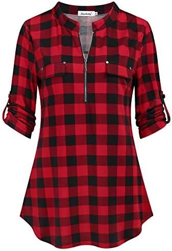 Ninedaily Women’s 3/4 Sleeve Plaid Shirts Zip Floral Casual Tunic Blouse Tops