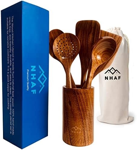 Cooking Gifts for Mom, NHAF Premium Teak, Healthy Spoons & Spatula, Durable Eco-friendly Wooden Utensils for Cooking, Wooden Cooking Utensils set with Holder & Canvas Bag, Wooden Spoons for Cooking