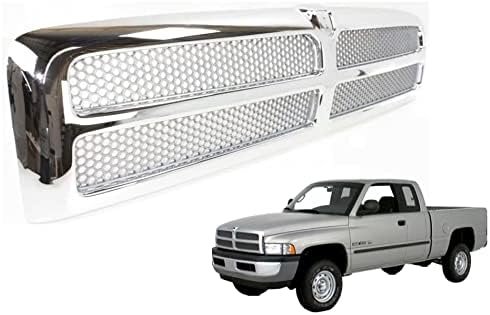 EzMech Front All Chrome Grille Assembly Compatible With Dodge Ram 1500 Grill 1994-2002 / Ram 2500 3500 Grill 1994-2001 With Chrome Frame Shell With Chrome Honeycomb Mesh Insert (Except Sport Package)