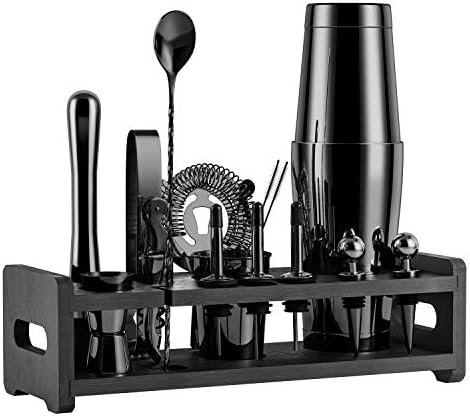 Soing 24-Piece Cocktail Shaker Set,Perfect Home Bartender Kit for Drink Mixing,Stainless Steel Bar Tools With Stand,Velvet Carry Bag & Recipes Cards Included (Black)