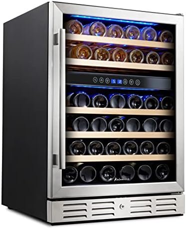 Kalamera 24 inch Wine Cooler, 46 Bottle – Dual Zone Built-in or Freestanding Fridge with Stainless Steel Reversible Glass Door, for Home, Kitchen, or Office.