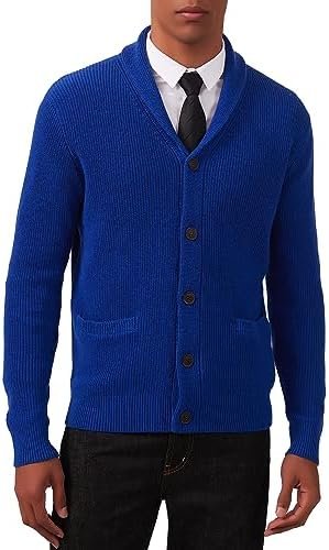 Kallspin Men’s Wool Blend Shawl Collar Cardigan Sweater Button Down Knitwear with Pockets