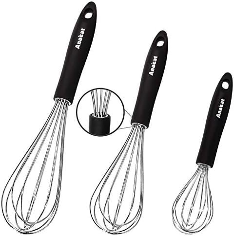 3 Packs Stainless Steel Whisk Set – Balloon Whisk, Anaeat Thick Stainless Steel Wire ＆ Strong Handles, Egg Beater for Cooking, Blending, Whisking, Beating and Stirring (8.5″+10.5″+12″)