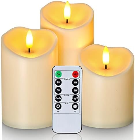 Homemory Flameless Candles, Battery Candles, LED Candles, Battery Operated Candles with Remote Timers, Electric Fake Plastic Candles, D3“ x H4“5″ 6″, Ivory White, Outdoor Waterproof, Set of 3