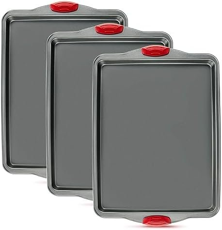 Nonstick Baking Sheet Tray Set of 3 – These Cookie Sheet Pans are Non-toxic, Dent, Warp, and Rust Resistant. Made with Heavy Gauge Carbon Steel for Oven Baking Sheets.