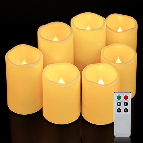 Aignis Flameless LED Candles with 6-Key Remote & Timer, Outdoor Indoor Waterproof Battery Operated Candles for Home/Wedding Décor, Exquisite Set of 7 (D3” x H4”5”6”)