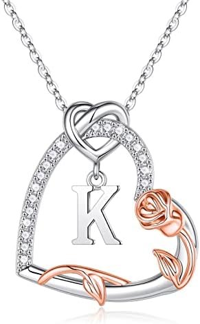 Iefil Christmas Gifts for Women – S925 Sterling Silver Rose Heart Initial Letter Pendant Necklaces Jewelry Anniversary Valentines Day Gifts for Her Mothers Day Christmas Birthday Gifts for Women