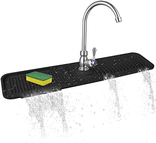 Burfocus Kitchen Sink Splash Guard, Silicone Faucet Handle Drip Catcher Tray Silicone Faucet Mat Kitchen Sponge Holder for Kitchen Sink Accessories Sink Protectors for Kitchen Sink （Black24″ x 5.5″）