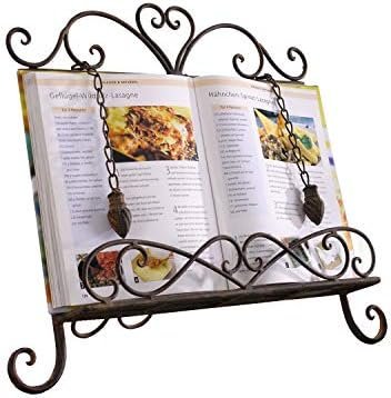 Antique Metal Kitchen Cookbook Display Stand, Recipe Book and iPad Holder, Cookery Book Easel with Weighted Chains for Gift, Rustic Dark Brown
