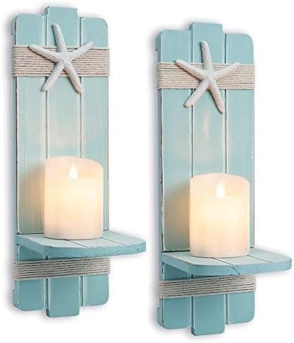 TideAndTales Beach Decor Wall Candle Sconces (Aqua – Set of 2) with 3D Starfish, Rustic Coastal Farmhouse Style Wall-Mount Candle Holder, Seashell Decorations for Home