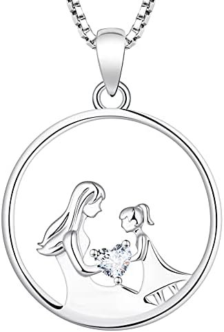 YL Women’s Mother and Son/Daughter Necklace Sterling Silver Mum Hold Child Heart Pendant Necklace Gifts for Moms