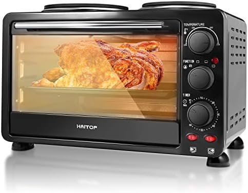 HAITOP Kitchen Convection Oven -1500 Watt Countertop Turbo 25 Quarts, Rotisserie Roaster Cooker with Grill, Griddle Top Rack, Dual Hot Plates, Toaster, Baking Tray, Skewers and Handles