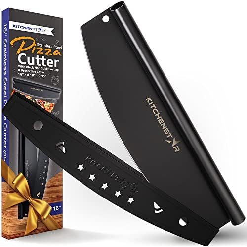 16″ Pizza Cutter Rocker by KitchenStar – Razor Sharp Stainless Steel Slicer Knife with Blade Cover, Large + Black Nonstick Coating – Premium Pizza Oven Accessories