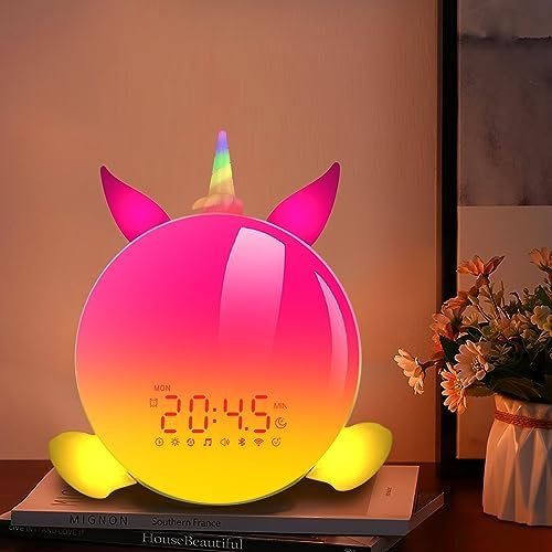 Aurora Sunrise Alarm Clock with Unicorn Magnetic Kit, Night Light, Table Lamp, Bluetooth Speaker, Sleep Sound Machine, Bedroom, Decor, Toys, 2-15+Year Kids, Teen, Toddler, Girl, Birthday, Gift Ideal