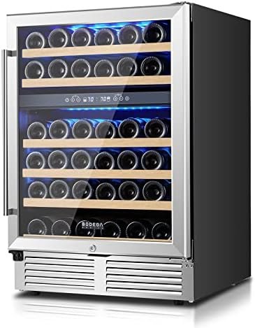 BODEGA Upgraded 24 Inch Wine Cooler Refrigerator 46 Bottle Dual Zone Wine Fridge with Double-Layer Tempered Glass Door and Temperature Memory Function,Built-in or Freestanding