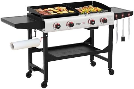 Royal Gourmet GD403 4-Burner Portable Flat Top Gas Grill and Griddle Combo with Folding Legs, 48,000 BTU, for Outdoor Cooking While Camping or Tailgating, Black & Silver